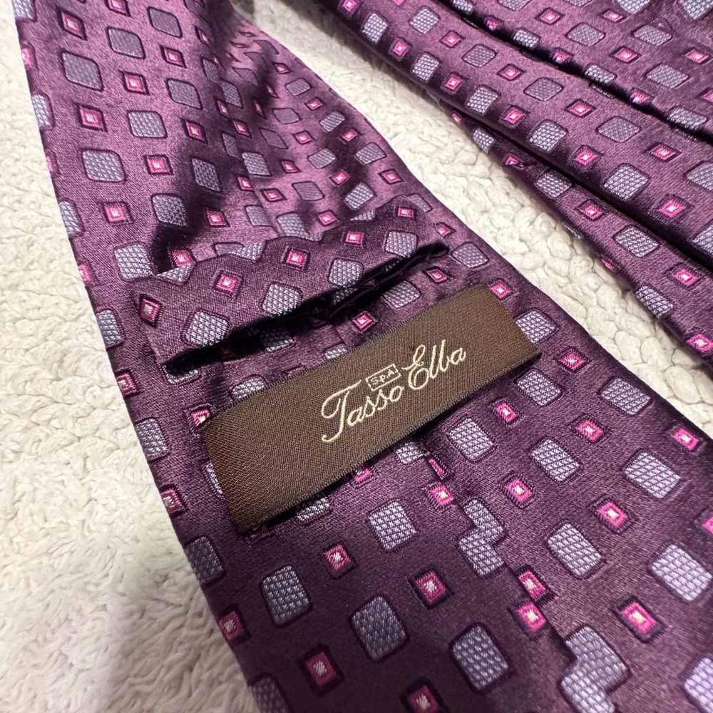 Tasso Elba Tie Purple Pink Geometric Square 100% Silk Handmade Necktie Luxury